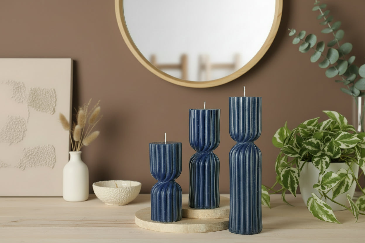 Midnight Ribbed Pillar Candles