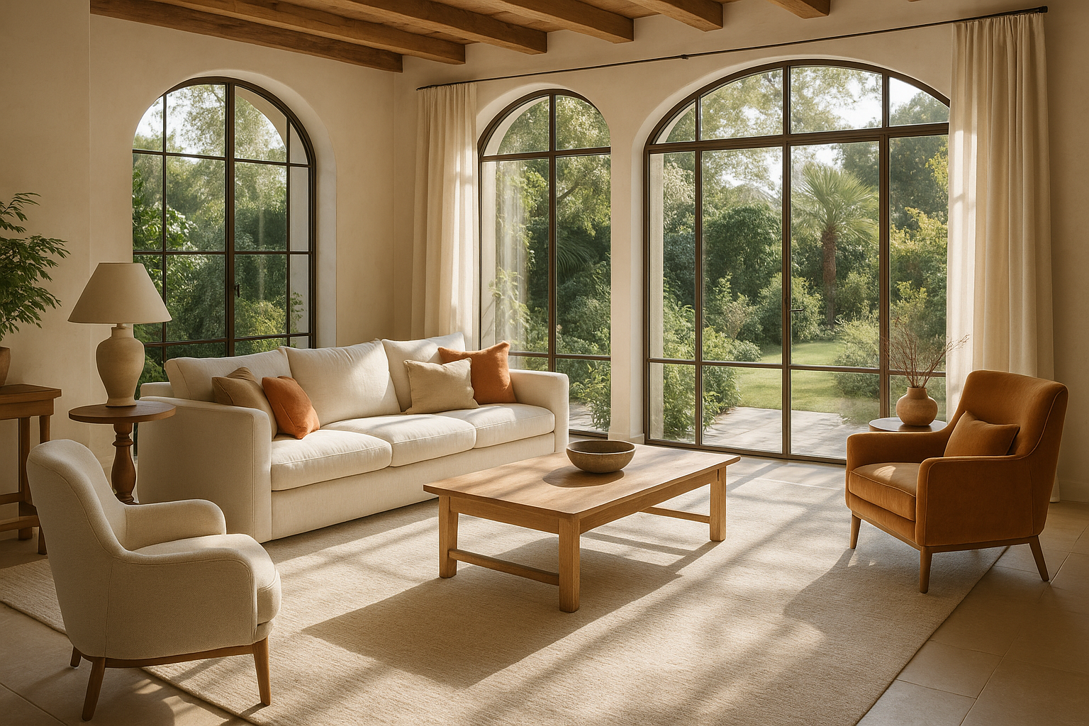 open air, bright natural light, warm, elegant living room