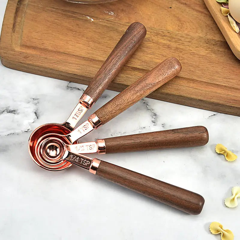 Copper-Plated Spoon Measuring Utensils with Walnut Handle